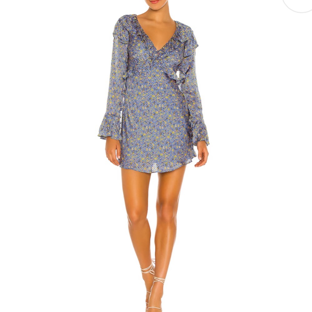 Free People Blue Floral Long Sleeve Sweetest Thing Mini Dress Midnight Cowboy